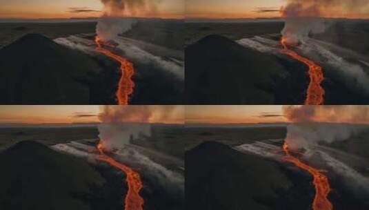 航拍火山活动 岩浆流动高清在线视频素材下载