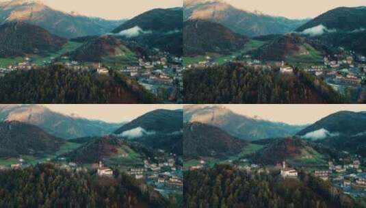 意大利阿尔卑斯山之间小城市的航拍镜头。高清在线视频素材下载