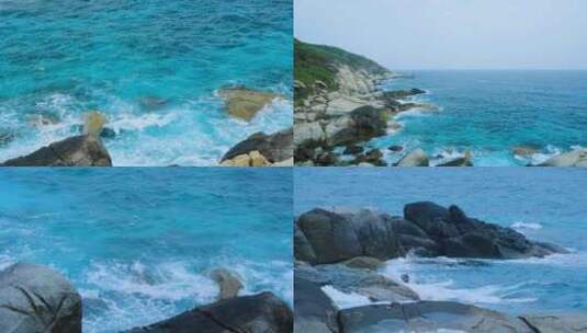 蓝色大海清澈蔚蓝海水海浪拍打岸边岩石高清在线视频素材下载