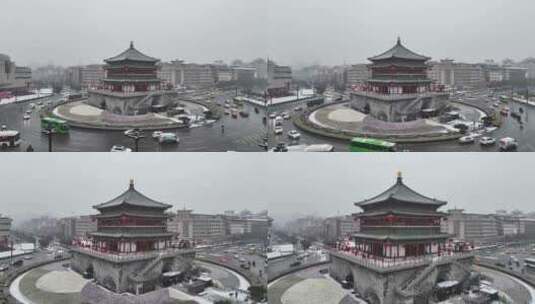 中国陕西省西安市正在下雪的西安钟楼雪景高清在线视频素材下载