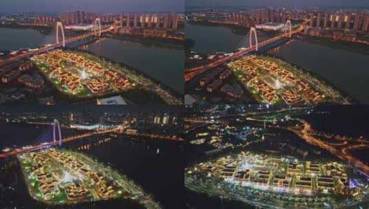 南宁青山大桥江畔小镇夜景航拍视频素材高清在线视频素材下载