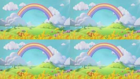 3d卡通背景，彩虹，白云和草地高清在线视频素材下载