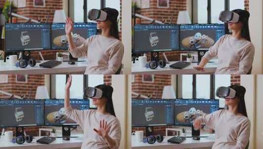 亚洲女工程师使用VR眼镜和3D建模软件创高清在线视频素材下载