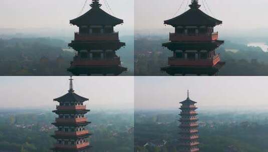 江苏省扬州市瘦西湖大明寺晨曦云雾风光航拍高清在线视频素材下载