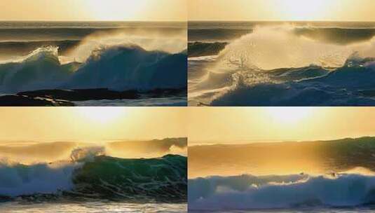 浪涛汹涌 朝阳洒金 海天一线壮丽高清在线视频素材下载