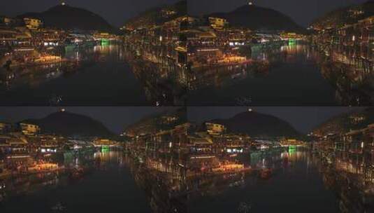 湖南湘西凤凰古城沱江夜景航拍街景风光高清在线视频素材下载