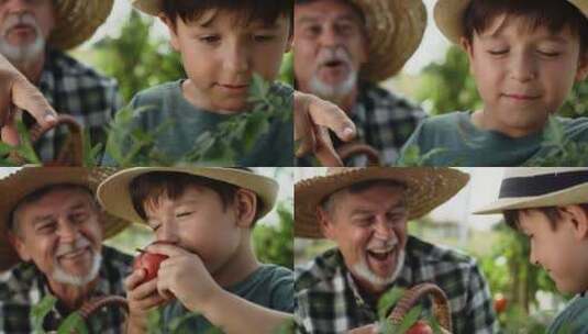 祖孙二人一起在菜园摘西红柿高清在线视频素材下载