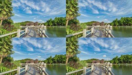 广西南宁狮山公园竹影桥风雨桥湖景风光延时高清在线视频素材下载