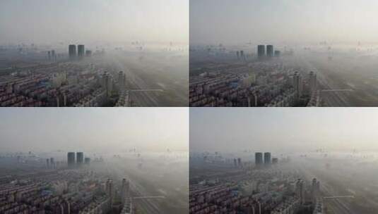 上海闵行梅陇镇清晨大雾大场景航拍4K。高清在线视频素材下载