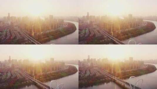航拍沈阳浑河大桥和现代城市风光高清在线视频素材下载
