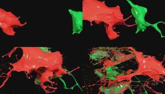 红色绿色液体颜料碰撞泼洒飞溅高清在线视频素材下载