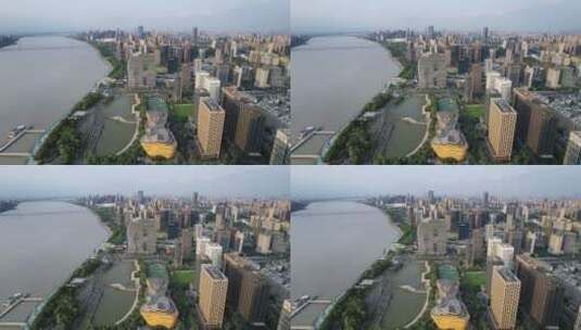 杭州滨江钱塘江边现代城市建筑航拍高清在线视频素材下载
