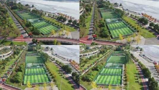陕西汉中汉江湿地公园篮球场网球场右环绕高清在线视频素材下载