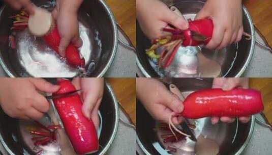 清洗卞萝卜红萝卜削皮切滚刀块高清在线视频素材下载