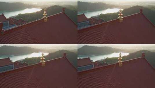 珠海金台寺佛教寺庙夕阳水库航拍高清在线视频素材下载