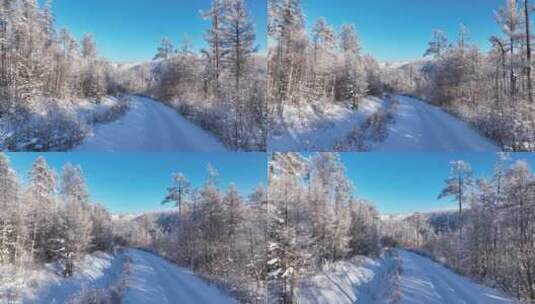 4K航拍林海雪原雪林山路高清在线视频素材下载