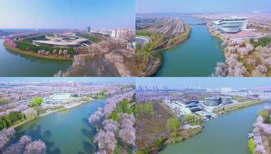 湖边现代建筑全景航拍高清在线视频素材下载