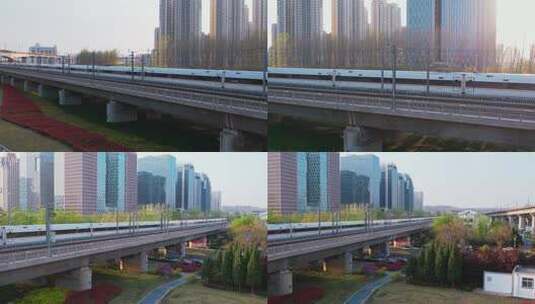 4K航拍行驶在城市中的高铁高清在线视频素材下载