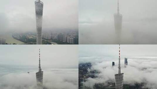 广州城市地标小蛮腰雨后穿云航拍4K视频高清在线视频素材下载