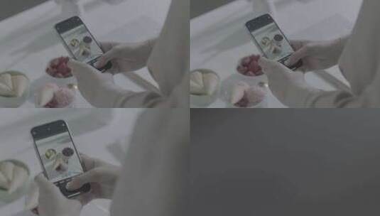 女生用手机拍摄美食甜点 遮挡转场高清在线视频素材下载