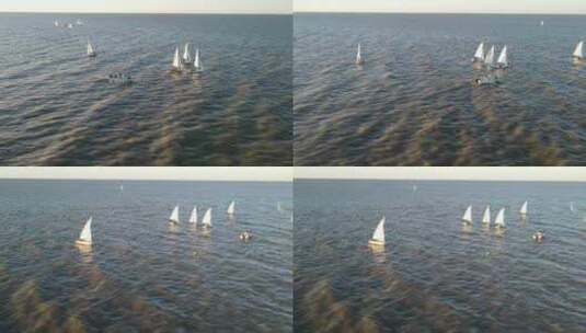 帆船在美国路易斯安那州新奥尔良庞恰特雷恩湖的开阔水域航行。-空中高清在线视频素材下载