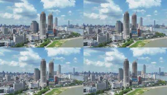 航拍武汉长江边在建设中的地标天际线高楼群高清在线视频素材下载