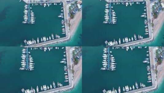 码头游艇的自上而下视图。帆船和普通船只停泊高清在线视频素材下载