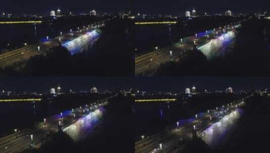 长春南湖公园音乐喷泉彩虹南湖大桥夜景航拍高清在线视频素材下载