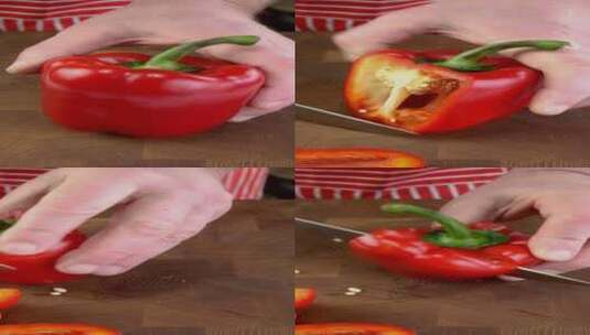 厨师用锋利的刀把甜椒切成砧板上的碎片高清在线视频素材下载