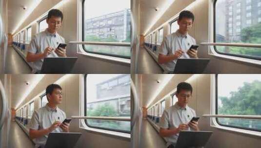 男子出差途中火车上使用笔记本电脑手机办公高清在线视频素材下载