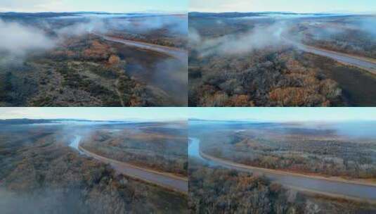 秋季雾气弥漫秋天森林河流浓雾高清在线视频素材下载