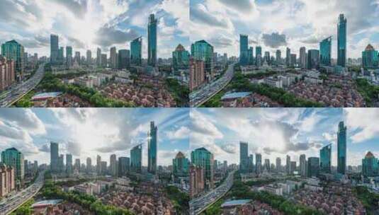 中国上海静安区晴朗天气蓝天白云城市风光高清在线视频素材下载