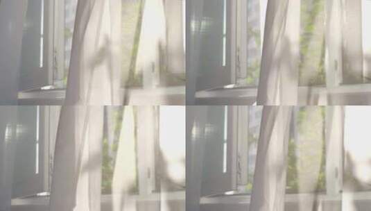 微风吹动白色透明的窗帘纱帘温馨阳光明媚高清在线视频素材下载