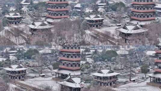 航拍瘦西湖景区园林大明寺观音山宋夹城雪景高清在线视频素材下载