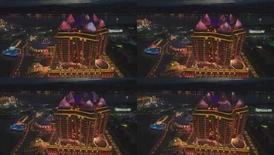 老挝金三角特区木棉之星酒店城市夜景航拍高清在线视频素材下载