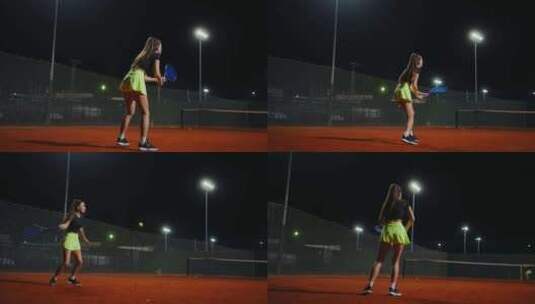 夏夜网球比赛或锻炼美丽的年轻女子在户外球高清在线视频素材下载