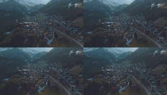 航拍瑞士雪山小镇高清在线视频素材下载