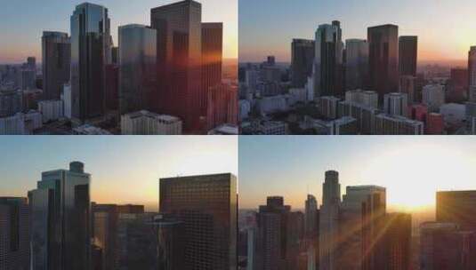 城市航拍加州洛杉矶市中心阳光照射摩天大楼高清在线视频素材下载