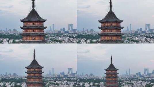 苏州古城报恩寺北寺塔景区夜景（航拍运镜）高清在线视频素材下载