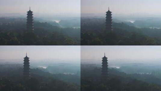 江苏省扬州市瘦西湖大明寺晨曦云雾风光航拍高清在线视频素材下载