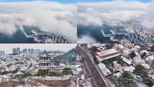 雪景青岛浮山湾小鱼山五四广场栈桥金家岭高清在线视频素材下载