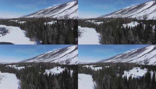 航拍新疆冬季喀纳斯河流晨雾雪山森林雪景高清在线视频素材下载