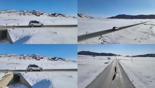 西北公路大雪孤独的车与人雪地行走高清在线视频素材下载