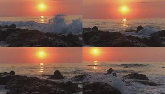 日落下海浪冲刷岩石高清在线视频素材下载