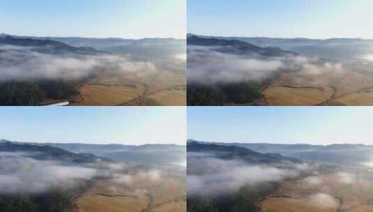 航拍东北长白山清晨大雾高清在线视频素材下载