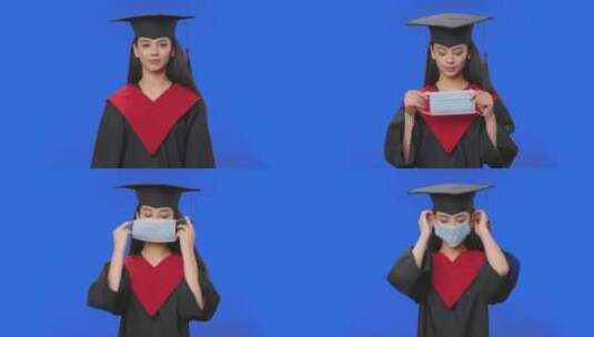 身着毕业服的女学生戴上了口罩高清在线视频素材下载