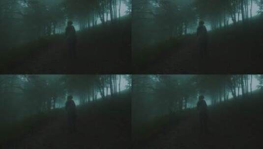 女人站在大雾的森林里高清在线视频素材下载