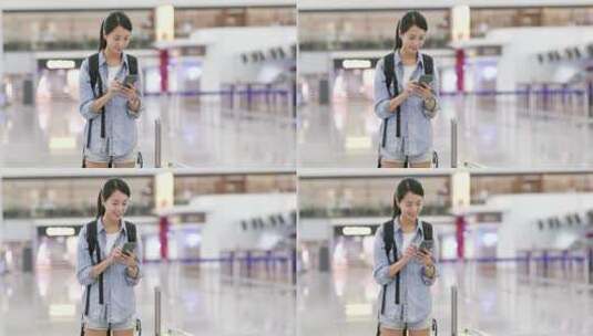 女孩背包在机场特写高清在线视频素材下载