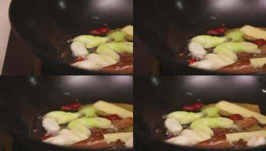 热锅凉油加底油葱姜蒜炝锅高清在线视频素材下载