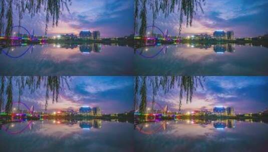 新郑轩辕湖夜景亮化高清在线视频素材下载